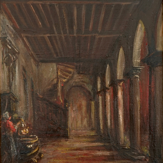 Jules Van de Veegaete (1886-1960), Interieur met zuilenrij, olie op doek, gedat. 1934