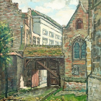 Leo Vandersmissen (1900-1966), une vue auprès de l'église Notre-Dame à Bruges, huile sur toile