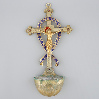 A gilt and enamelled holy water font, signed Bourdon, Ghent, 19th C.