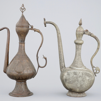 Two Islamic aftaba in inscribed copper and tin, 19th C.