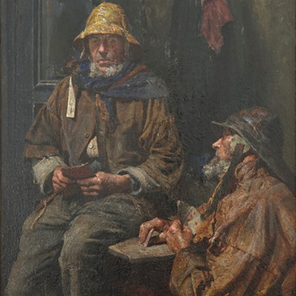 Aloïs Boudry (1851-1938), Twee kaartende vissers, olie op doek