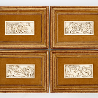 A set of four fine ivory carvings of bacchant scenes, 19th C.