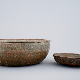 Two inscribed Qajar tinned copper bowls, Iran, 18/19th C.