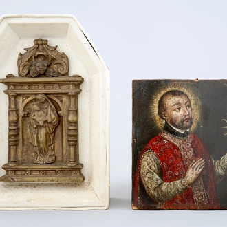 Un petit portrait d'Ignace de Loyola et un petit sanctuaire en bronze, 18/19ème