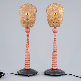 A pair of tall Darwin-lamps with turtle shells and a glass eye, 2nd quarter 20th C.