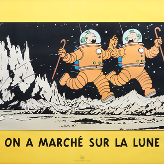 A large framed Tintin poster: "On a marché sur la lune", by Hergé / Moulinsart