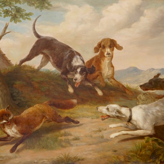Alexandre Clarys (1857-1920), Jachthonden bij de vossenjacht, olie op doek, groot formaat