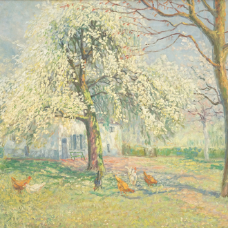 Adolf Baeyens (1886-1969), une vue pointilliste aux poules en été, huile sur toile