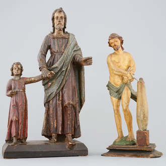 Twee houten beeldjes, "Christus bij de zuil" en "H. Jozef en Christus", volkskunst, 18/19e eeuw