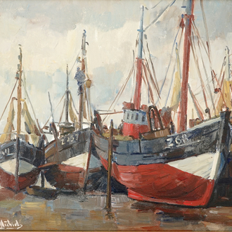 Guillaume Michiels (1909-1997), Bateaux au port de pêche de Zeebrugge, huile sur toile