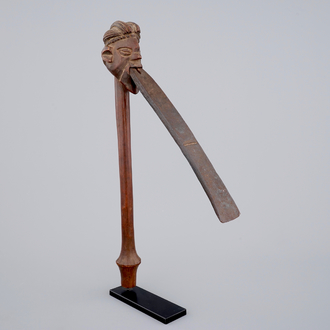 An African carved wood and metal axe, Luba, Congo, mid 20th C.