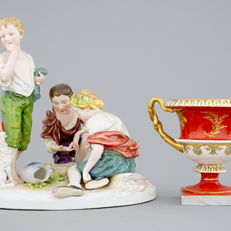 BulA Capodimonte porcelain group of playing boys and a Brussels porcelain bowl, 19/20th C.