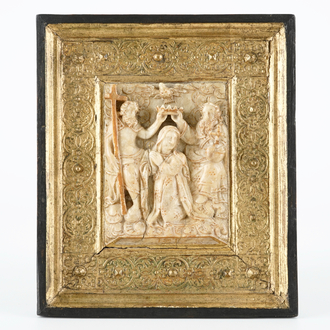 A signed gilt relief in Malines alabaster: "The coronation of Mary", 16/17th C.
