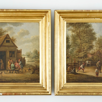 A pair of folk scenes near a tavern, oil on panel, early 19th C.