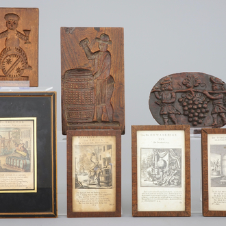 A lot of 2 cookie moulds, a wood carving of grapes and 4 engravings, all of wine and beer theme, 18/19th C.
