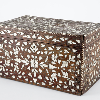 A Syrian wood chest with silver and mother of pearl, 18/19th C.