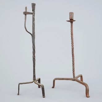 Two wrought iron candlesticks, 17th C.