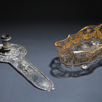 A Spanish silver candle stick and a partial gilt glass bowl, 18/19th C.