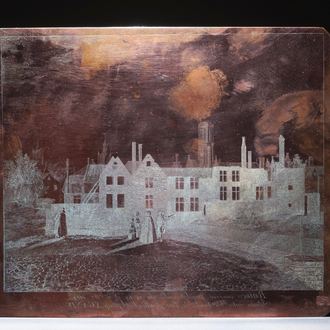 A brass etching plate, A view on Ghent after the large fire of 1789, 19th C.