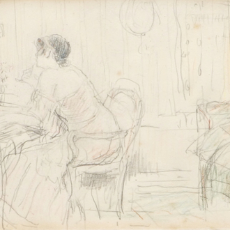 Salomon Garf (1873-1943), femme dans un intérieur, dessin en crayon