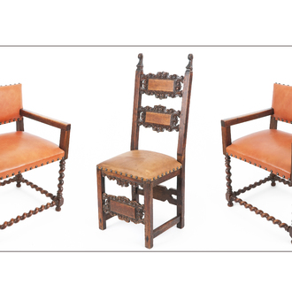 A 17th C. Italian carved wood chair and two later armchairs