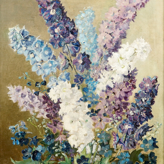 Anna de Weert (1867-1950): un bouquet de delphiniums, huile sur toile