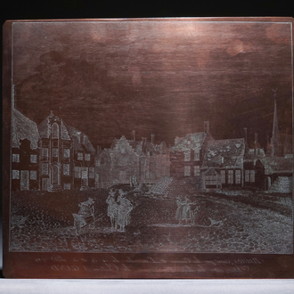 Een koperen etsplaat, Gezicht op Gent na de grote brand van 1789, 19e eeuw