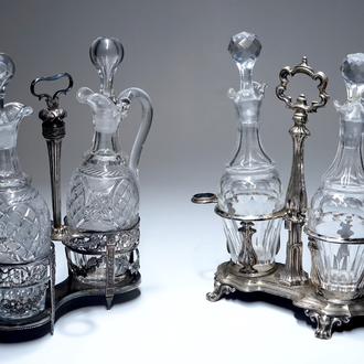 Two silver cruet sets with crystal bottles, Ghent, 1787 and Vienna, 19th C.