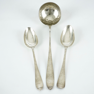 Two silver spoons and a silver ladle, 19th C.