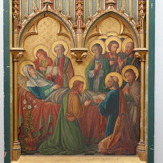 Style néo-gothique, La Mort de la Vierge, huile sur panneau en cadre sculpté, 19ème