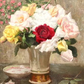 Jef Vandefackere (1879-1946), nature morte aux roses, datée 1944, huile sur toile