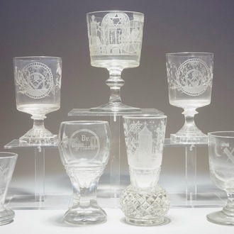 Een lot van 7 gegraveerde maçonnieke glazen, vrijmetselarij, 19/20e eeuw