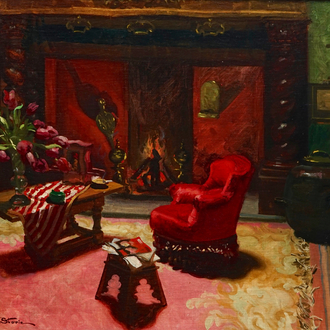 José Storie (1899-1961), Interieur met open haard (Le Foyer), olie op doek