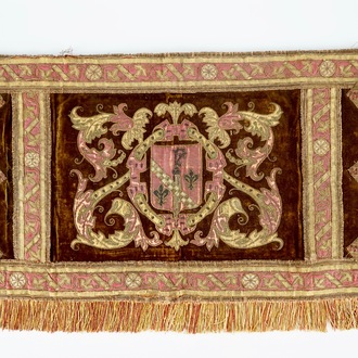An armorial embroidery with gilt brocade and velvet, The Netherlands, 16/17th C.