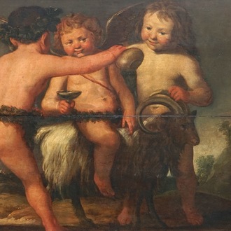 Omgeving van Salomon de Bray (1597-1664), drie bacchanten spelend met een geit, olie op paneel