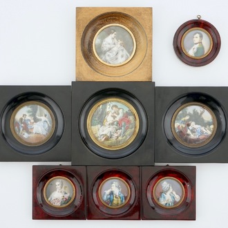 A collection of 8 miniatures on ivory, 19/20th C.