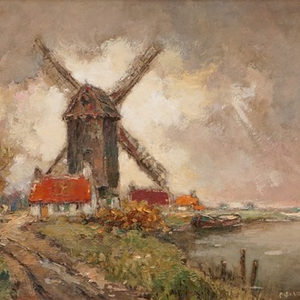 Alfred Van Neste (1874-1969), Un paysage au moulin, huile sur toile