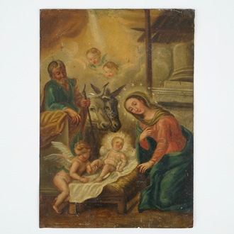 De Geboorte, olie op koper, wellicht Frans, 18/19e eeuw