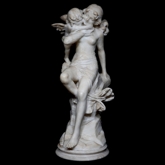 Guglielmo Pugi (1850-1915), Venus et Amour, sculpture en marbre blanc italien