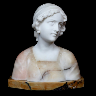 Guiseppe Bessi (1875-1922), Mignon, buste d'une fille en marbre blanc et rose