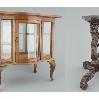 A wooden tea cabinet and a carved wood vase stand, 19/20th C.