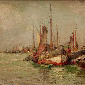 Alfred Van Neste (1874-1969), Bateaux de pêche à la côte, huile sur toile