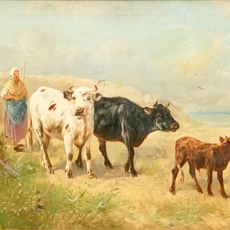 Henry Schouten (1857-1927), Shepherdess with cows along the coas, oil on canvas