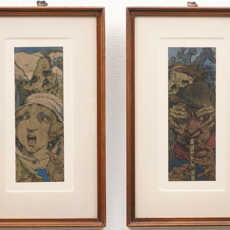Alfred Ost (1884-1945), twee macabere portretten, aquarel en inkt op papier