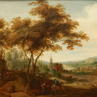 D'après Jacques D’Arthois, Un paysage aux voyageurs, huile sur panneau, 19ème