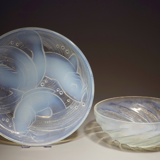 René Lalique: an opalescent glass bowl and dish with fish design, 1st half 20th C.