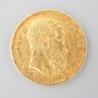 Een gouden muntstuk van 20 Frank, beeltenis Leopold II, 1871