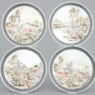 A set of four Chinese Republic winter landscape plates, 20th C.