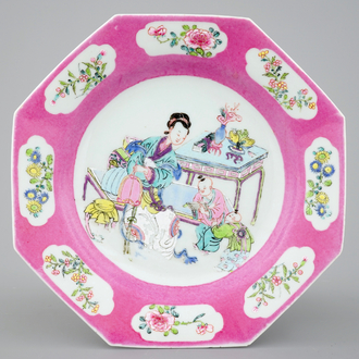 A Chinese octagonal famille rose dish with pink border, Yongzheng, 1723-1735