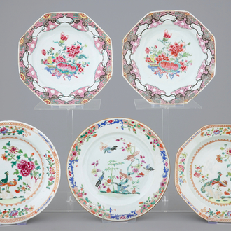 A collection of five Chinese famille rose plates, 18th C.